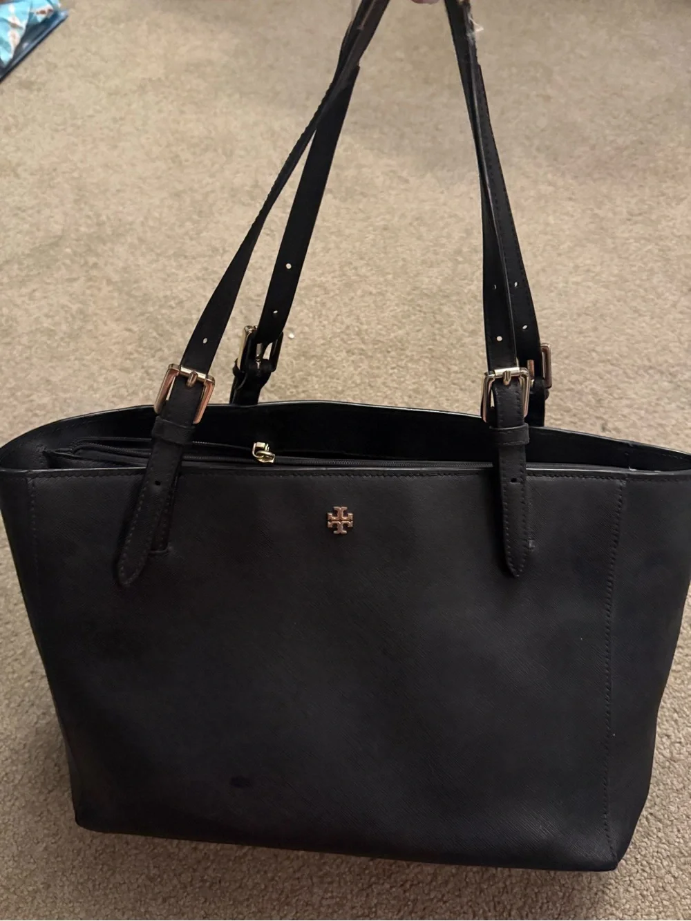 Tory Burch Black Sathiano Leather Tote with Gold Accents